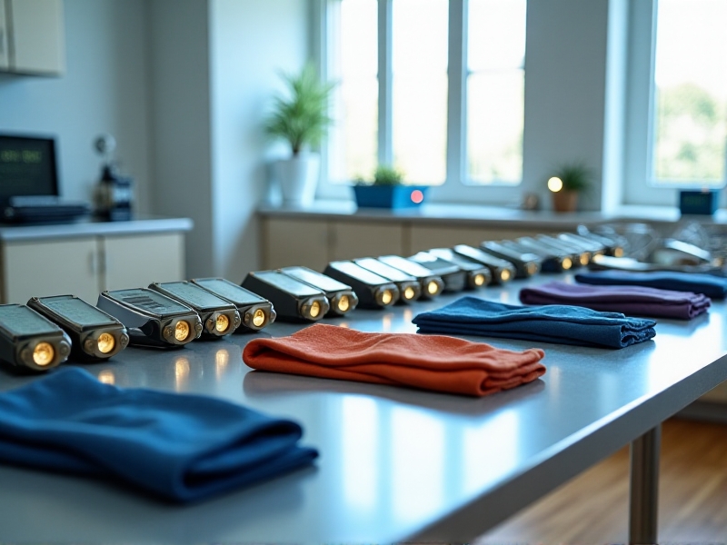 A collection of safety equipment used in extreme temperature therapies, including thermometers, protective gear, and monitoring devices, arranged neatly on a table in a well-lit clinic.