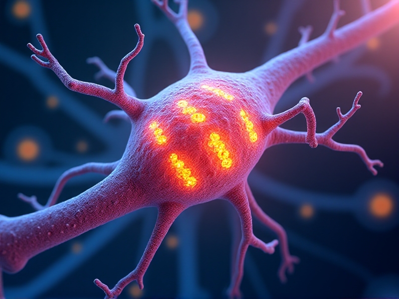 A detailed illustration of neuronal excitability, showing a neuron with ion channels and neurotransmitters in action. The image features a stylized neuron with vibrant colors representing different ion channels, including sodium (bright yellow) and potassium (deep red). The background is a gradient of blue and purple tones, with arrows indicating the flow of ions and neurotransmitters. The mood is scientific and dynamic, emphasizing the complexity of neuronal signaling.