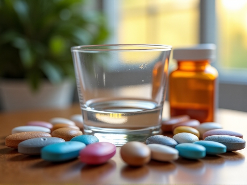 A close-up of various migraine medications, including triptans, beta-blockers, and anticonvulsants, neatly arranged on a wooden table. The pills are of different colors and shapes, with a glass of water and a prescription bottle in the background. The lighting is soft and natural, highlighting the variety and complexity of traditional migraine treatments.