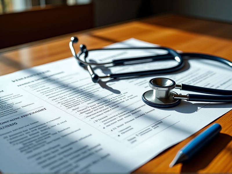 A neatly organized stack of medical documents on a wooden desk, with a stethoscope and a pen placed beside them. The documents include patient records, physician notes, and insurance forms, highlighting the importance of thorough preparation.