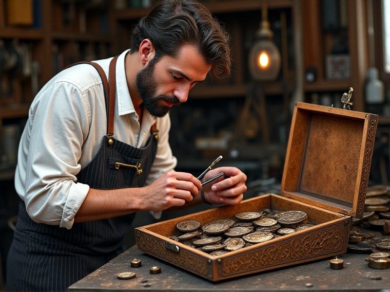 A craftsman carefully selecting vintage typewriter parts from a wooden box filled with gears, springs, and keys. The image emphasizes the importance of using authentic materials in restoration.