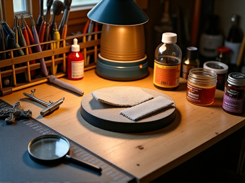 An organized workspace with tools and materials for typewriter platen restoration, including a soft cloth, rubbing alcohol, sandpaper, and rubber rejuvenator. The image is brightly lit, showcasing the tools in detail and conveying a sense of preparedness and craftsmanship.