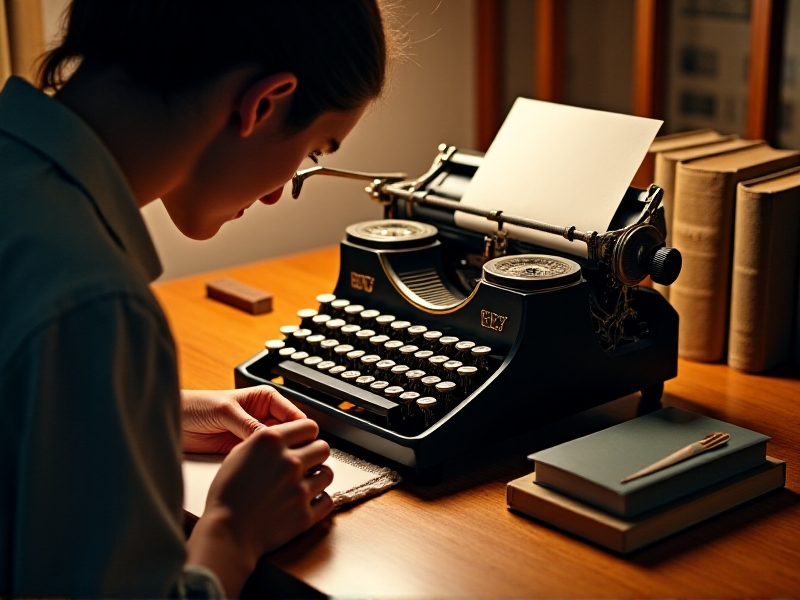A person carefully cleaning the carriage rails of a vintage typewriter with a soft cloth. The workspace is well-lit, and the typewriter is positioned on a wooden table. The image conveys a sense of care and attention to detail, emphasizing the importance of cleanliness in maintaining the machine.