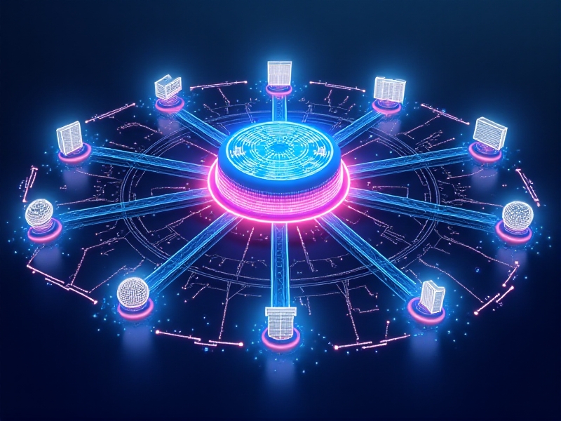 An infographic showcasing the technologies involved in automated metadata tagging, including OCR, machine learning, NLP, and computer vision. The image features a futuristic design with interconnected nodes and icons representing each technology, set against a gradient background of blue and purple tones.