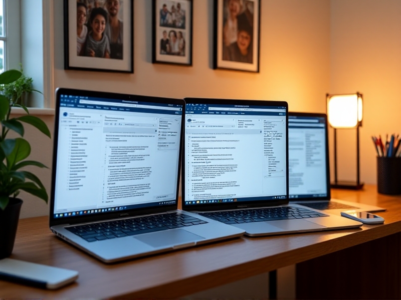 A side-by-side comparison of three OCR software interfaces on a laptop screen, showcasing different features and text recognition capabilities, in a cozy home office environment with warm lighting.