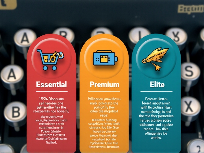 A colorful infographic illustrating three subscription tiers for typewriter maintenance, with icons representing benefits like discounts, priority service, and workshops.