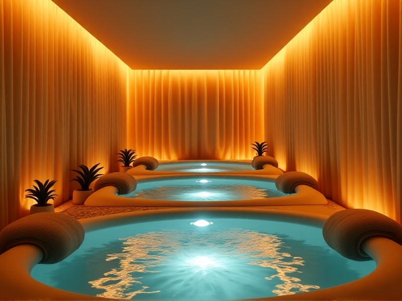 A beautifully designed float tank room with indirect lighting fixtures embedded in the walls. The lights emit a soft, golden glow, reflecting off the water and creating a harmonious, spa-like environment that caters to hypersensitive individuals.