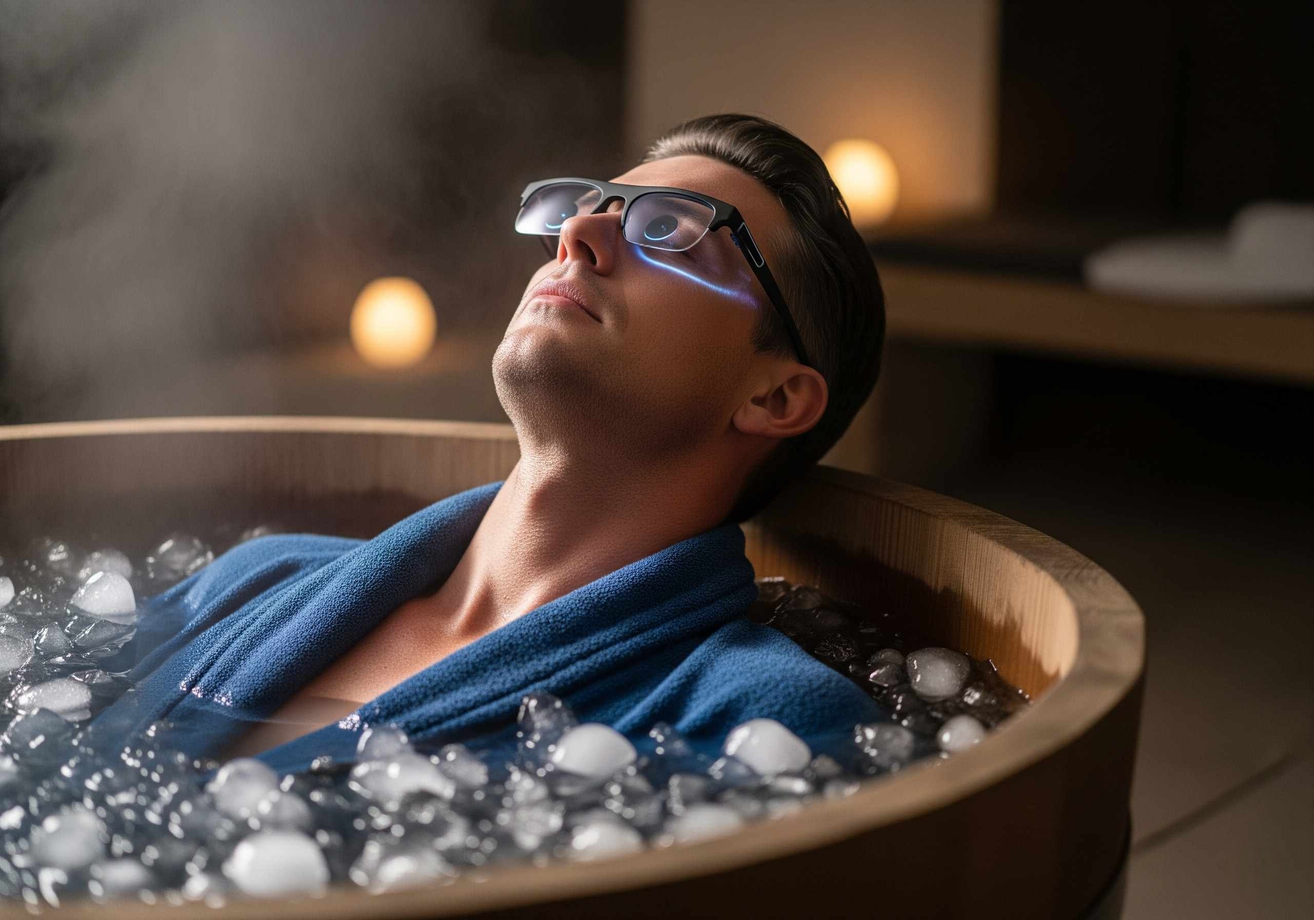 A person lying in a floatation tank, wearing a VR headset, with a serene underwater scene projected inside the headset. The tank is in a softly lit room, and the person appears completely relaxed, immersed in the virtual environment.